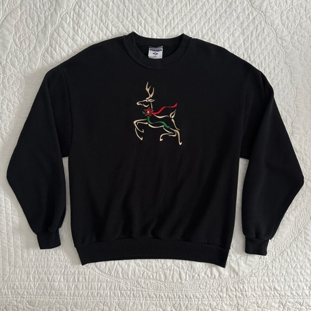 Vintage Holiday Reindeer Crewneck Sweatshirt Christmas Embroidered Large